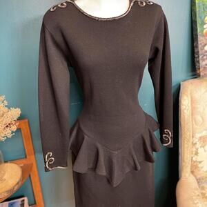Vintage 1980s Adrienne Vittadini 100% Wool Embellished Peplum Dress size M